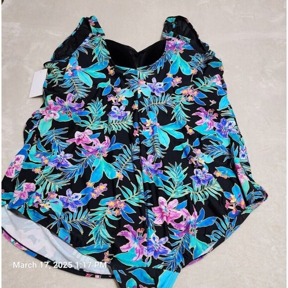 Swimsuits For All One Piece Swim Dress Sz 34 Black Floral Shelf Bra Swim Skirt - Picture 4 of 12